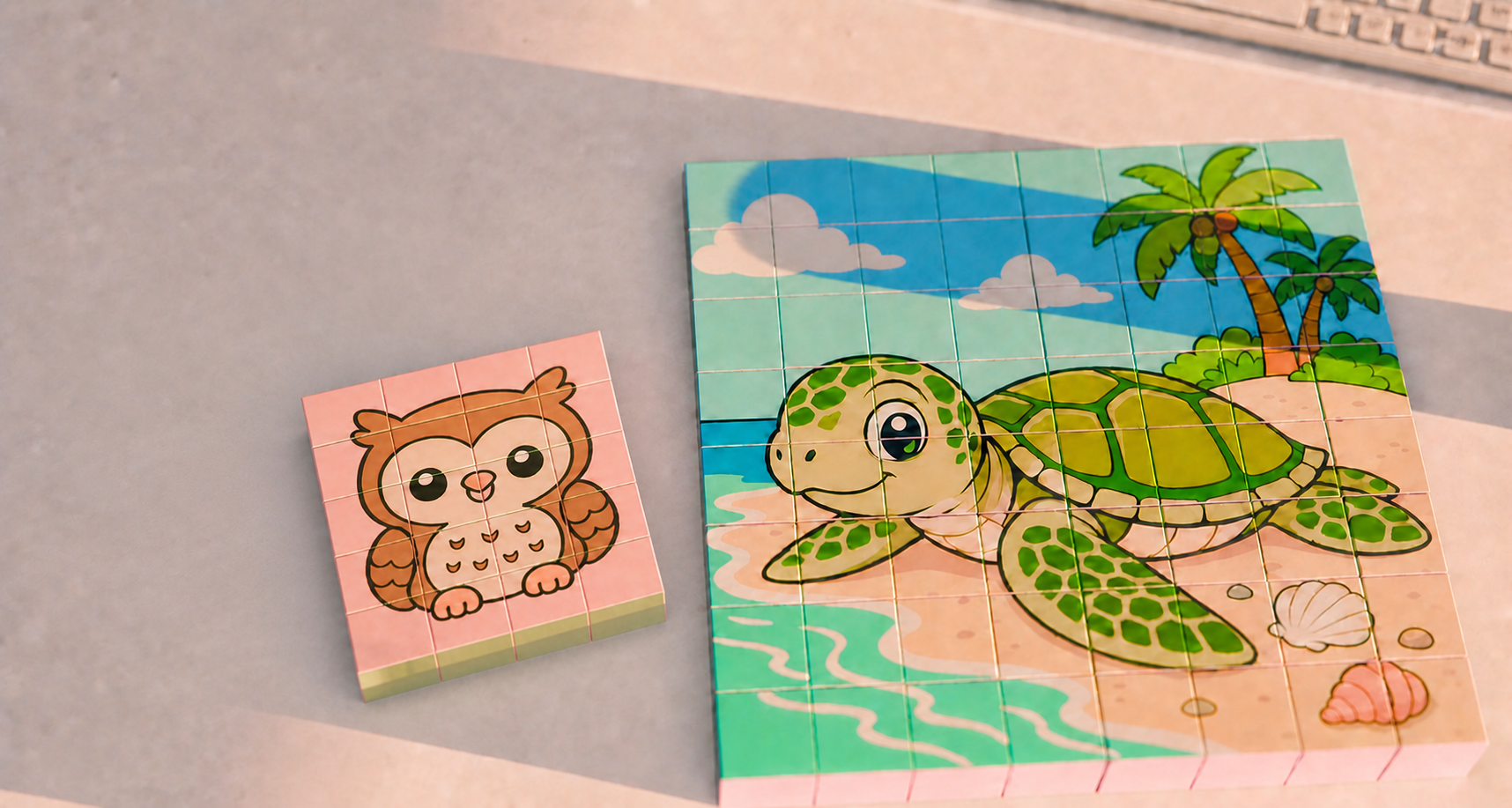 Cubytel-Eule und Schildkröte aus bedruckten Würfeln