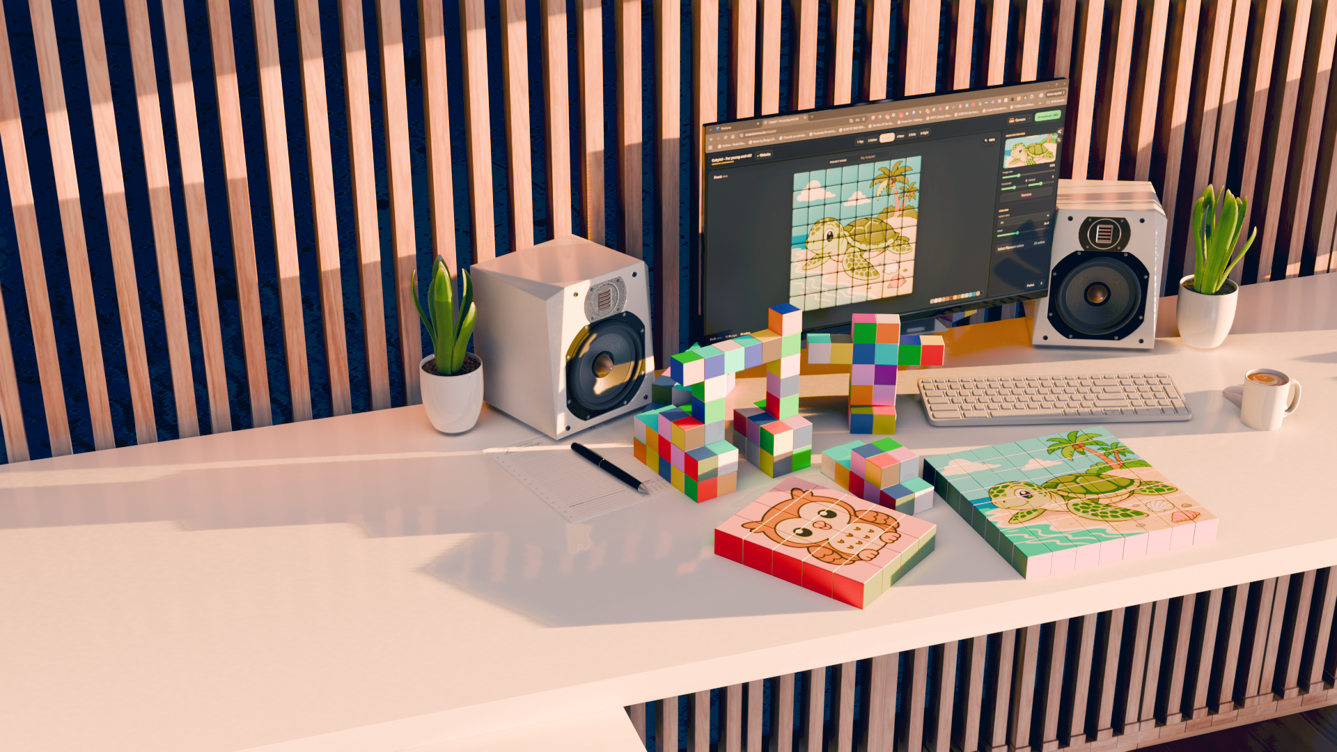 Cubytel-Arbeitsplatz mit Würfeln, Motiven und Druckvorlage